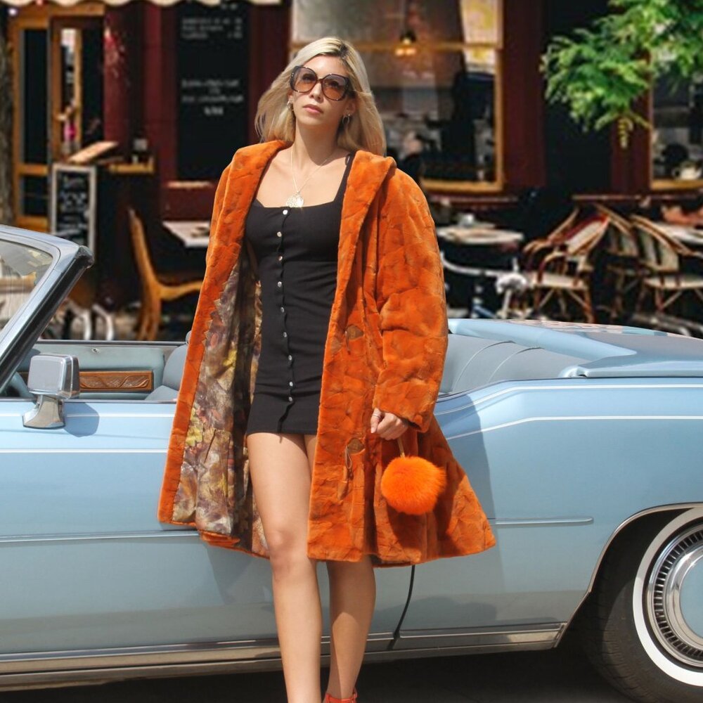 Vibrant Orange Sheared Mink Coat with Hood